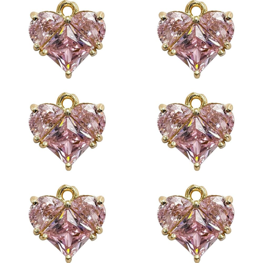 7229 6PCS Zircon Pink Heart Charms Patchwork Crystal Gold Plated Brass